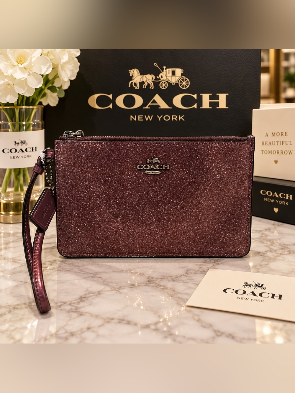 NWOT Coach F64585 Small Corner Zip Wristlet Metallic Cherry Burgundy Glitter